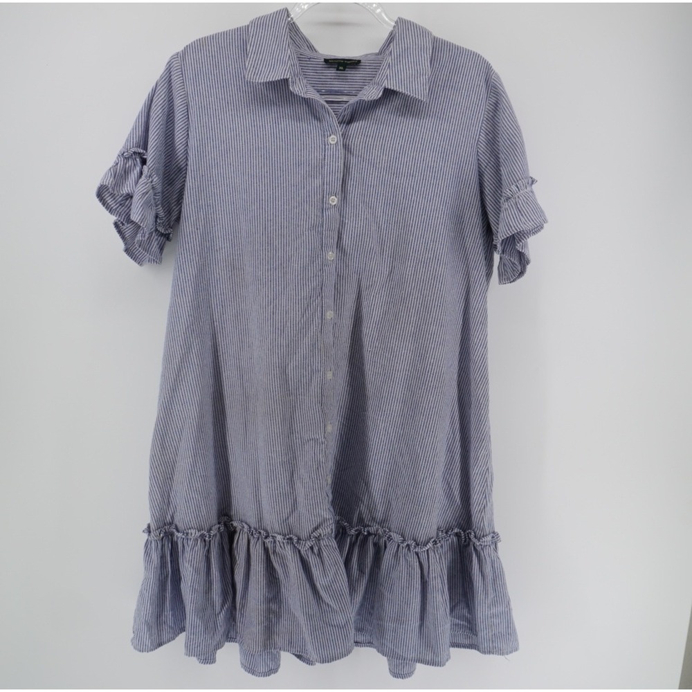 Meadow Rhodes Blue White Striped Ruffle Sleeve Flounce Dress Peasant Coastal XL